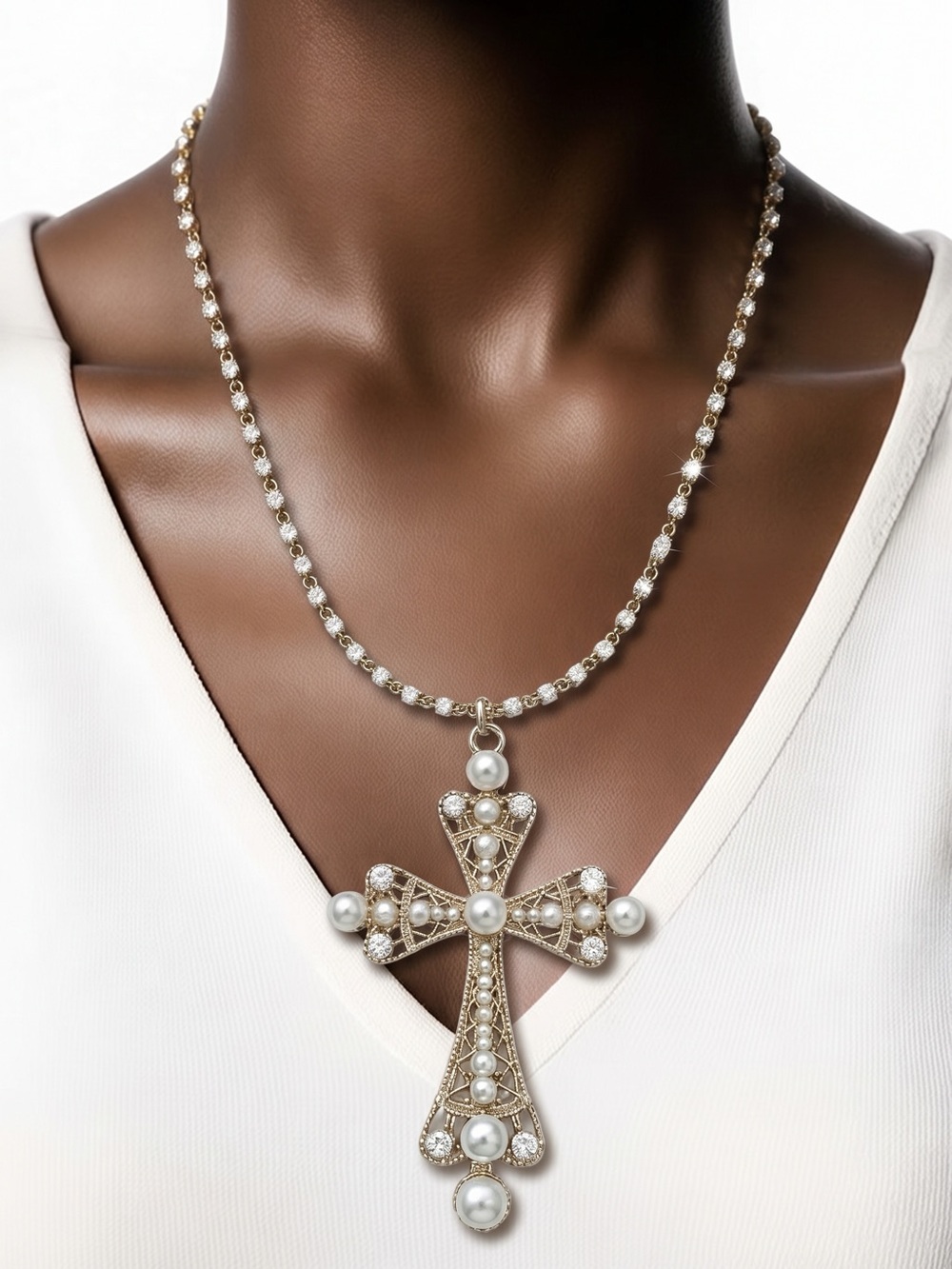 Faux Pearl cross pendant and Gold plated ball and white coral beaded necklace